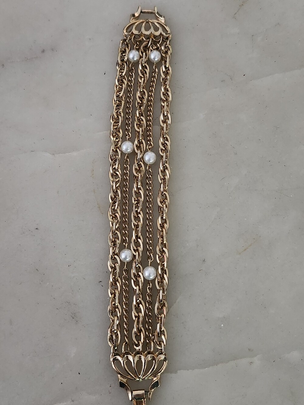 Gold Tone Multi-Chain Faux Pearl Accent Bracelet